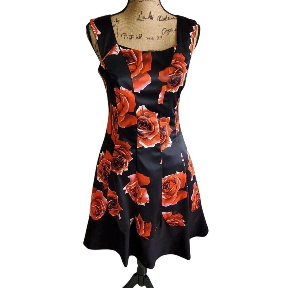 Joseph Ribkoff Satin Rose Print Dress Fit and Flare Black Red Floral Party Sz 6